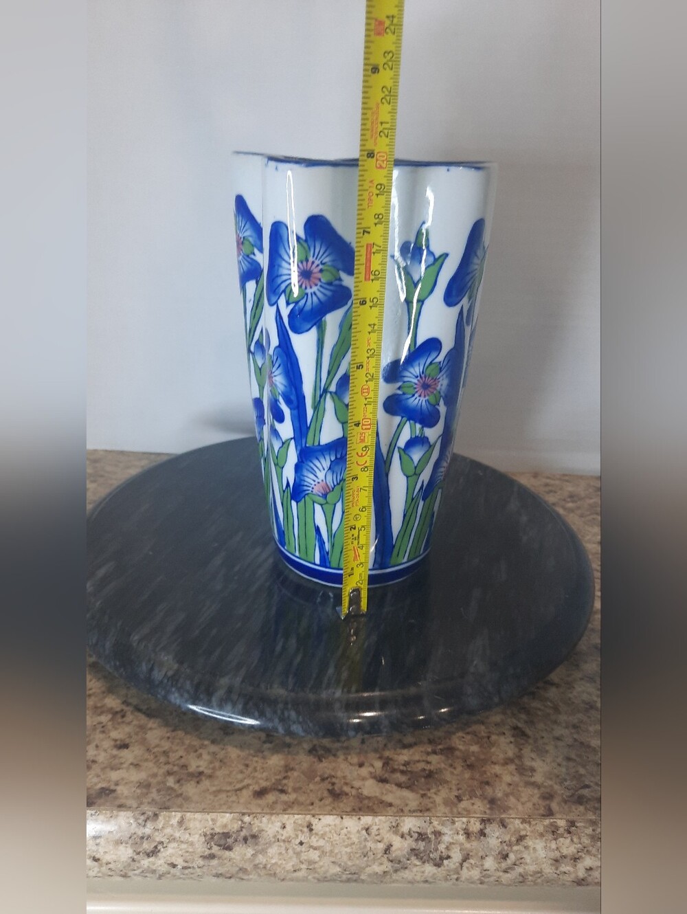 Mid-century Blue Floral Ceramic Vase - Picture 6 of 8